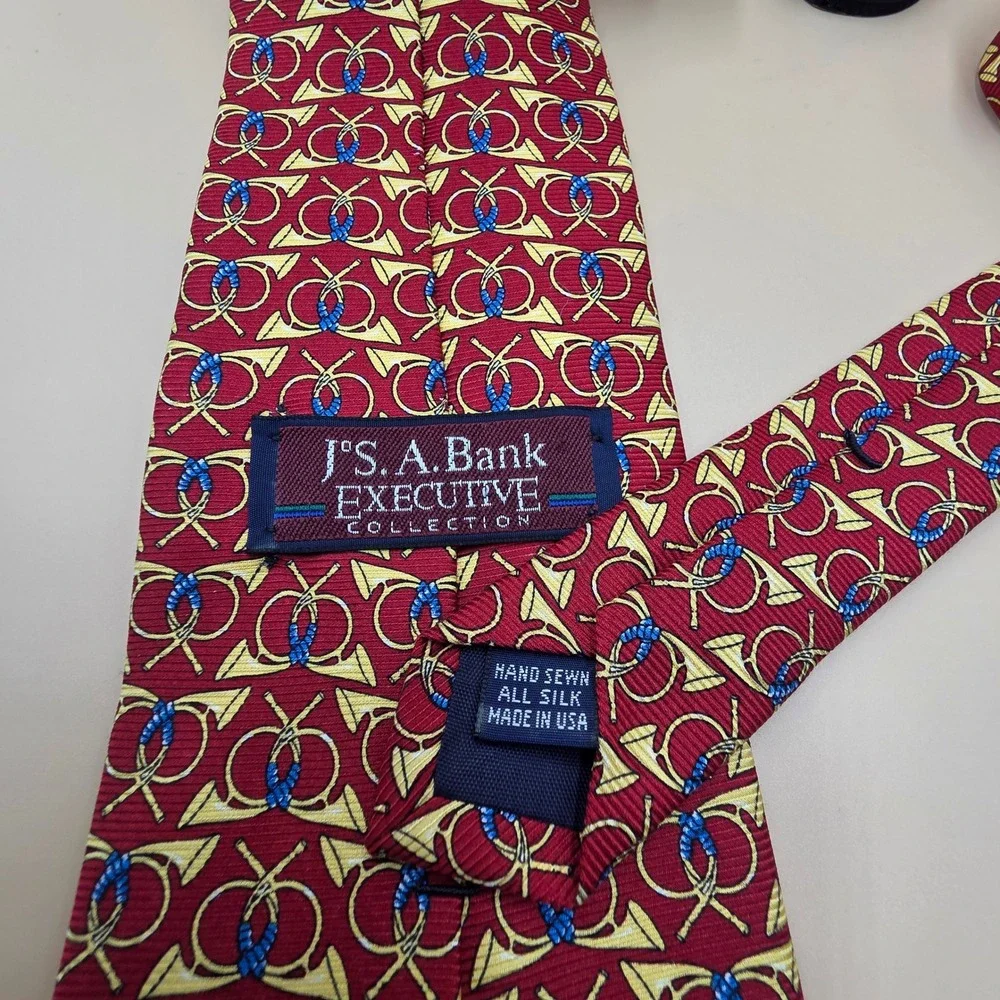 Jos. A. Bank Executive Collection Silk Tie Red Gold Hunting Horn Made in USA